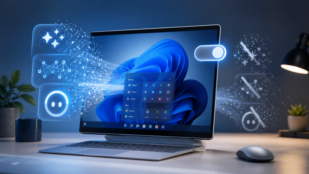 Windows-PC mit deaktivierten KI-Funktionen und ausgeblendeten digitalen Assistenten
