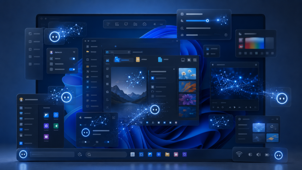Windows-Oberfläche mit vielen eingeblendeten KI-Funktionen in verschiedenen Apps und Menüs