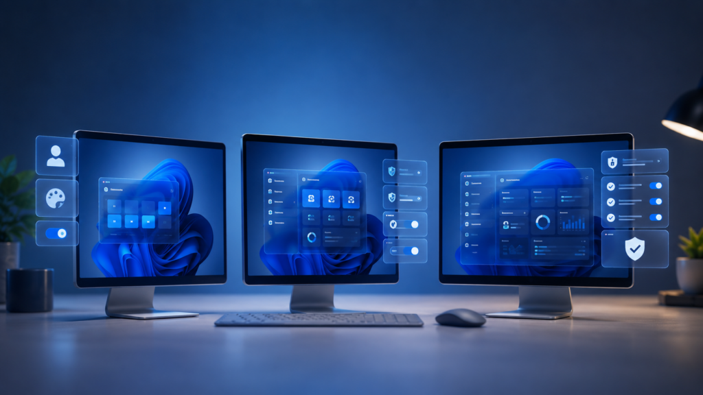Drei Windows-Systeme im Vergleich mit unterschiedlichen Einstellungen und Funktionen je nach Edition