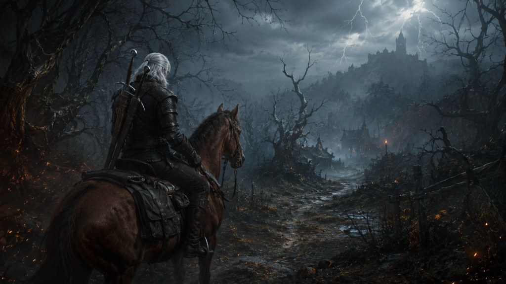 Geralt auf Plötze in einem Wald auf dem Weg in das Dorf.