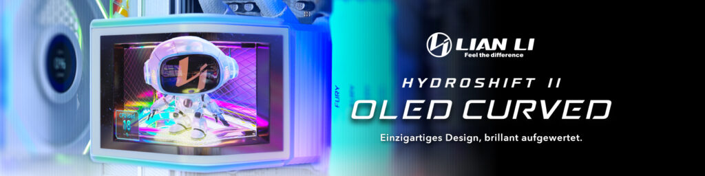 Lian Li HydroShift II OLED Curved Banner mit beluchteter AiO und angeschaltetem Display