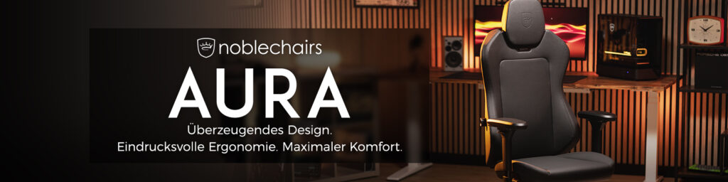 noblechairs AURA Banner mit Gaming-Stuhl und Schrift