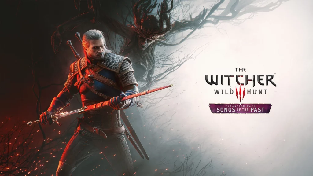 The Witcher 3 DLC Logo von CDPR. Geralt mit Schwert und Baum-Monster im Hintergrund.