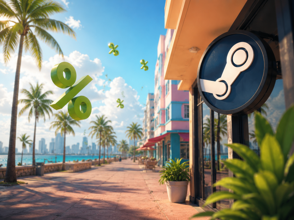 Strandpromenade mit Steam Logo und Prozentzeichen