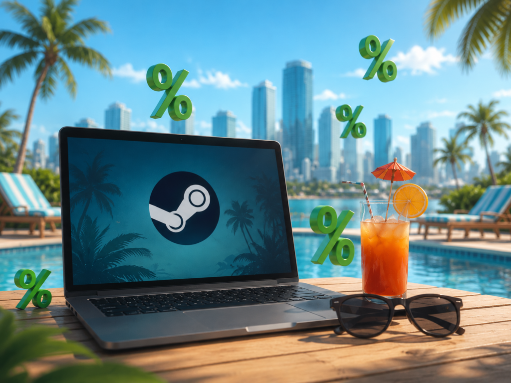 Laptop vor Pool mit Steam logo und Drink