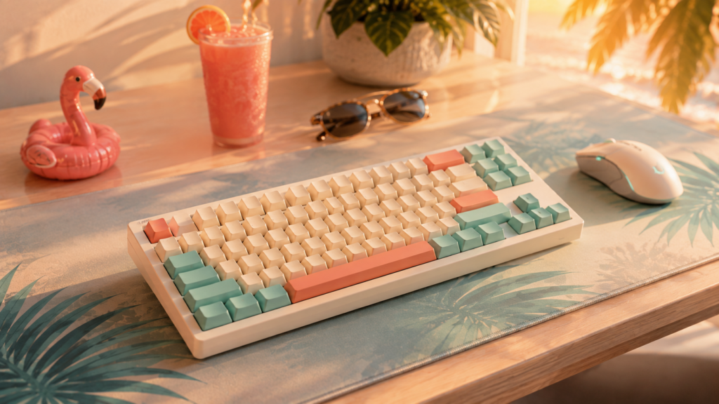 Mini-Tastatur auf Schreibtisch in sommerlichem Ambiente