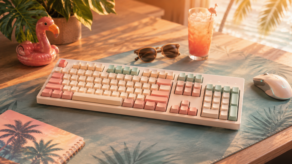 Full-Size-Tastatur auf Schreibtisch in sommerlichem Ambiente