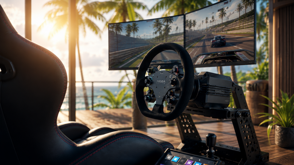 Sim Racing Lenkrad und Monitore vor tropischem Hintergrund
