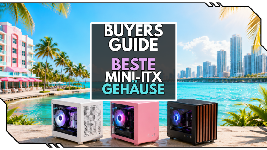 Mini-ITX-Gehäuse vor Strandpromenade mit Schrift