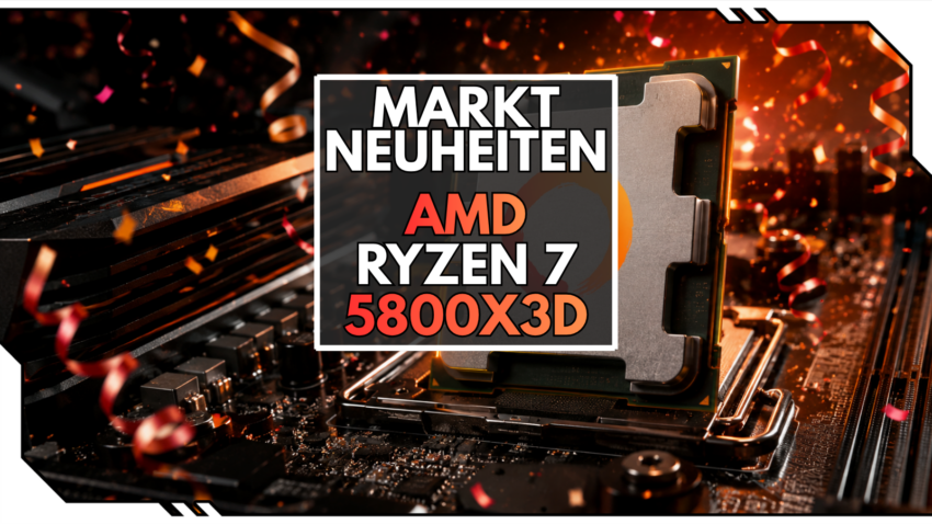 Ryzen 7 5800X3D Beitragsbild mit einem Prozessor im Hintergrund und Konfetti