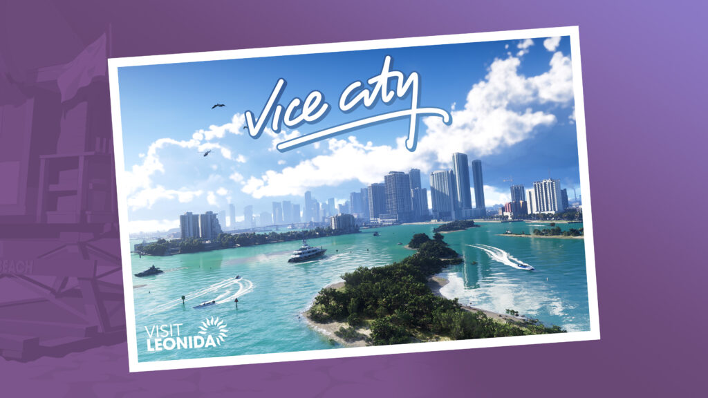 Vice City Postkarte mit Stadt und lila Rand