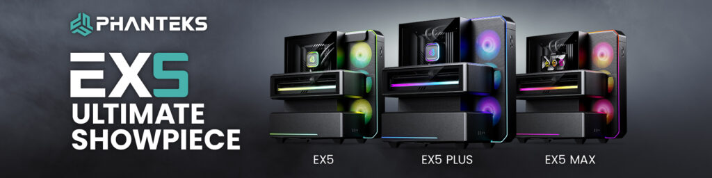 Phanteks EX5 Banner mit Text und Gehäusen