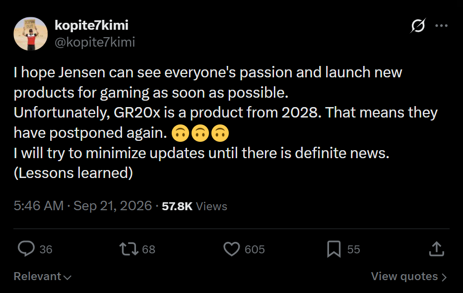 Tweet von kopite7kimi zum Nvidia RTX 60 Release 2028