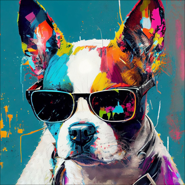 Glasbild DOG WITH SUNGLASSES I in mehrfarbig aus Glas