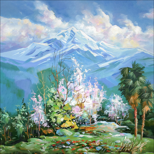 Keilrahmenbild SNOWY MOUNTAINS in mehrfarbig aus Holz